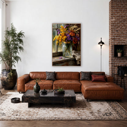Autumn Wildflower Jar Farmhouse wall art in a farmhouse-style room – glass jar of yellow goldenrod, purple asters