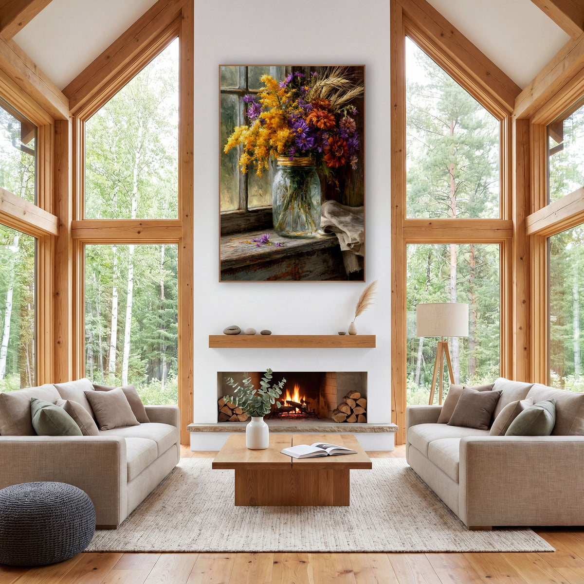 Autumn Wildflower Jar Farmhouse wall art in a farmhouse-style room – glass jar of yellow goldenrod, purple asters