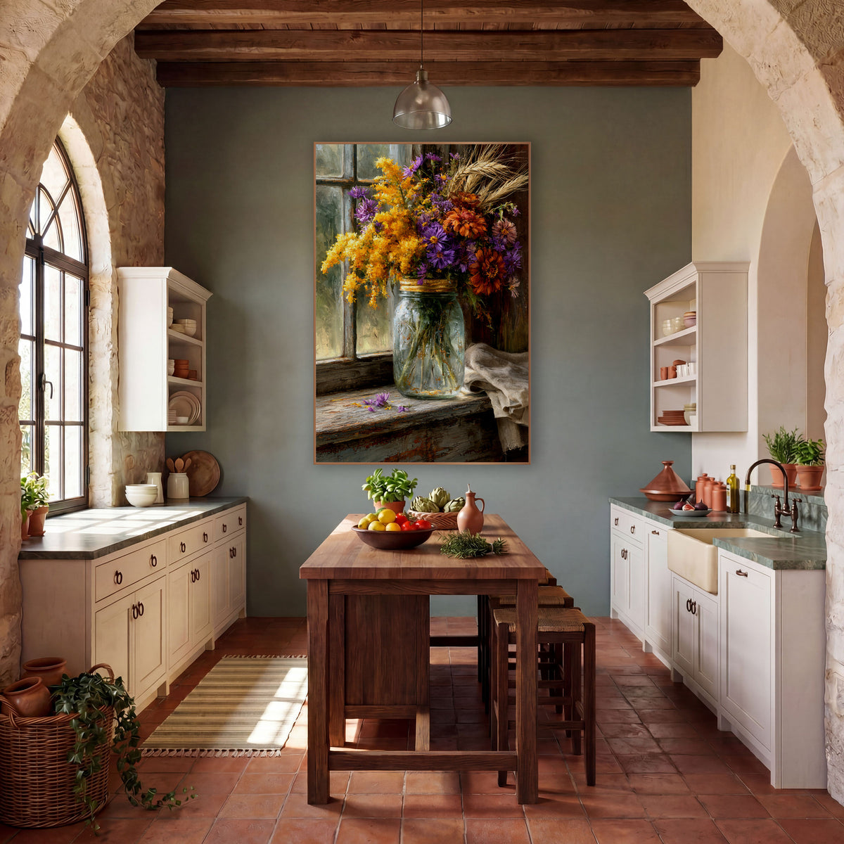 Autumn Wildflower Jar Farmhouse wall art in a farmhouse-style room – glass jar of yellow goldenrod, purple asters