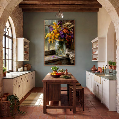 Autumn Wildflower Jar Farmhouse wall art in a farmhouse-style room – glass jar of yellow goldenrod, purple asters