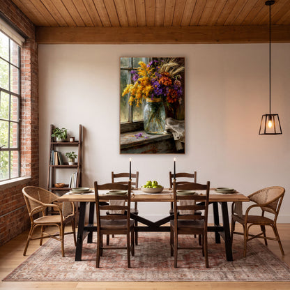Autumn Wildflower Jar Farmhouse wall art in a farmhouse-style room – glass jar of yellow goldenrod, purple asters