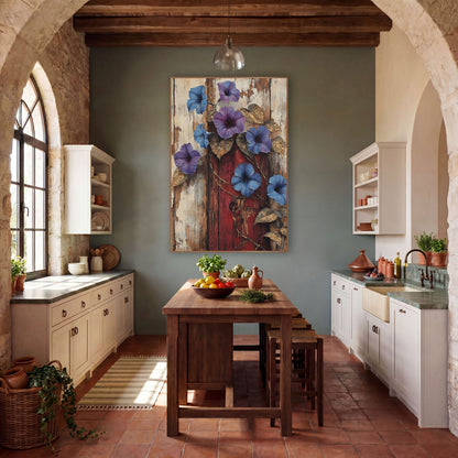Morning Glory Barnwood Farmhouse Botanical wall art in a farmhouse-style room – blue and violet morning glories