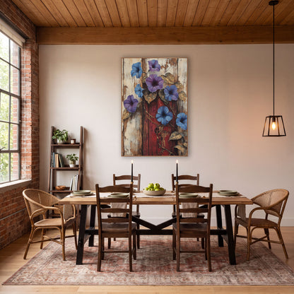 Morning Glory Barnwood Farmhouse Botanical wall art in a farmhouse-style room – blue and violet morning glories