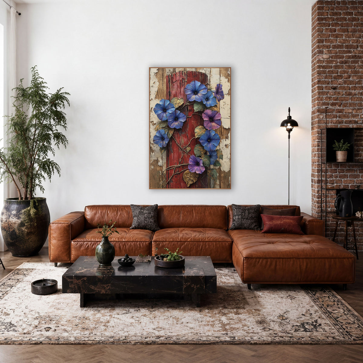 Climbing Morning Glory Post Rustic wall art in a farmhouse-style room – blue and violet morning glories