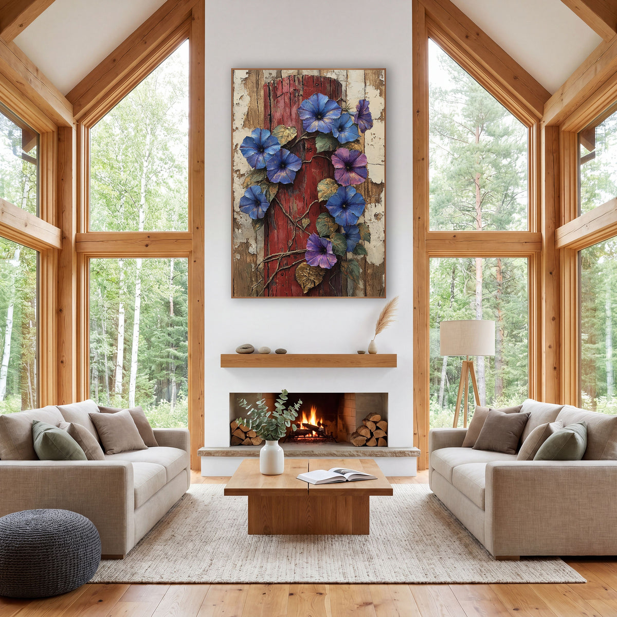 Climbing Morning Glory Post Rustic wall art in a farmhouse-style room – blue and violet morning glories