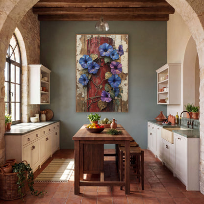 Climbing Morning Glory Post Rustic wall art in a farmhouse-style room – blue and violet morning glories