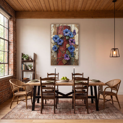 Climbing Morning Glory Post Rustic wall art in a farmhouse-style room – blue and violet morning glories