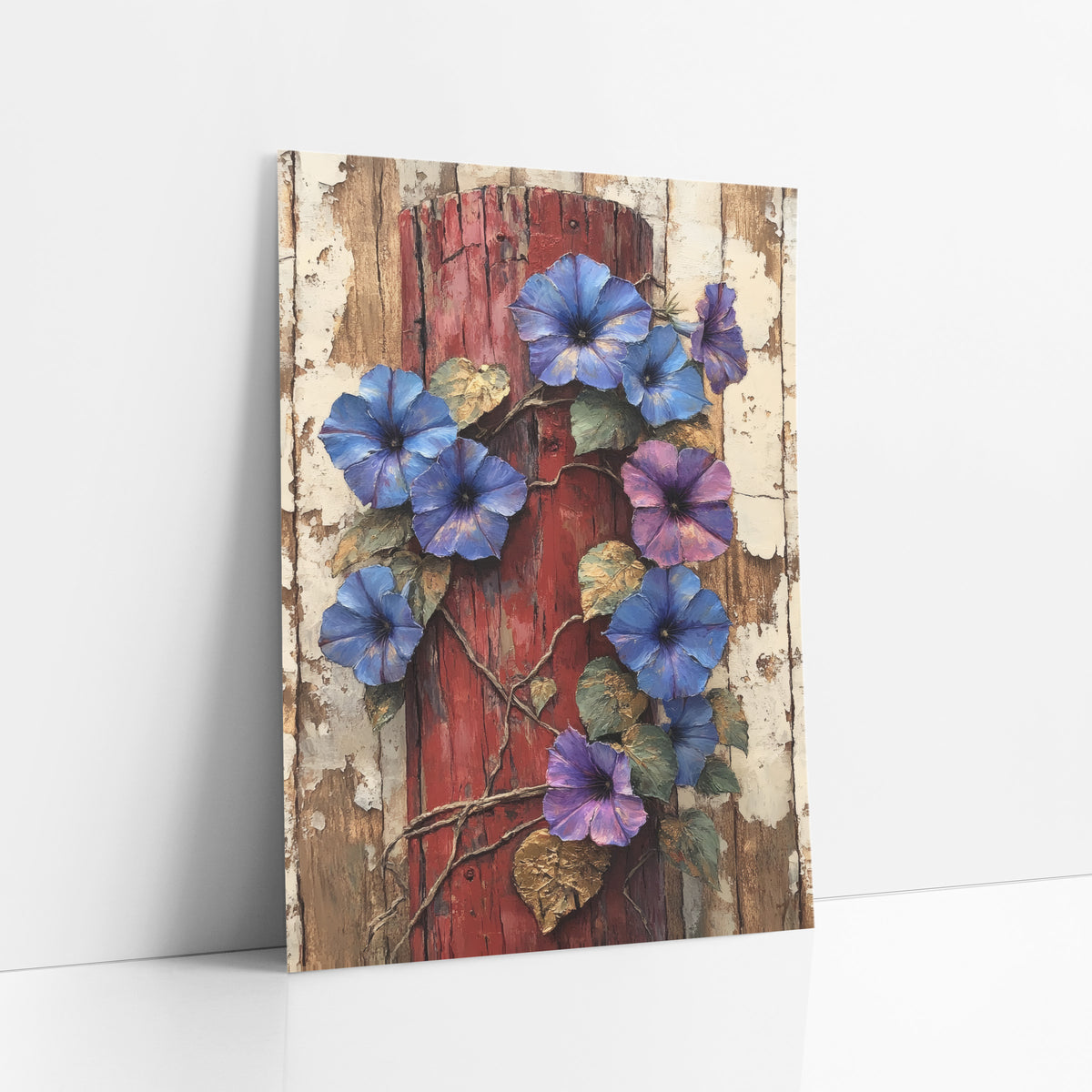 Climbing Morning Glory Post Rustic art print leaning against a white wall – blue and violet morning glories with heart-shaped
