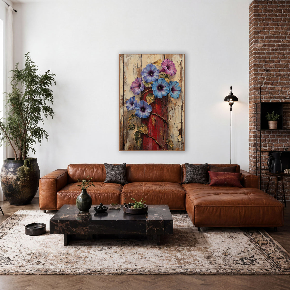 Morning Glory Plank Bouquet Painterly wall art in a farmhouse-style room – blue and violet morning glories