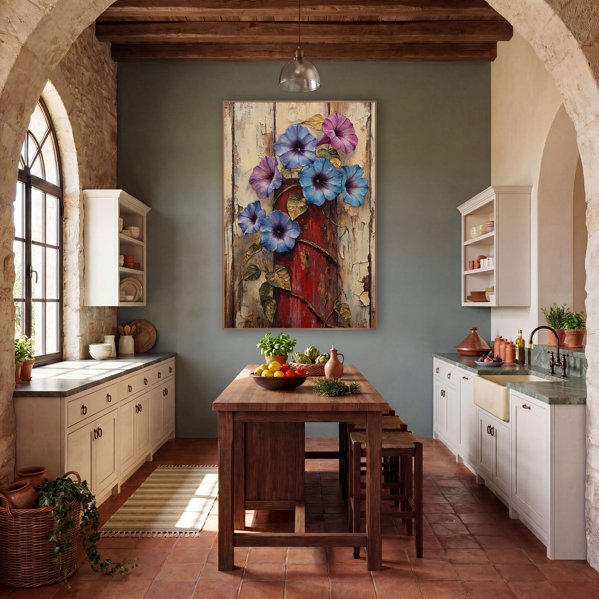 Morning Glory Plank Bouquet Painterly wall art in a farmhouse-style room – blue and violet morning glories