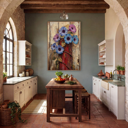 Morning Glory Plank Bouquet Painterly wall art in a farmhouse-style room – blue and violet morning glories