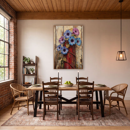 Morning Glory Plank Bouquet Painterly wall art in a farmhouse-style room – blue and violet morning glories