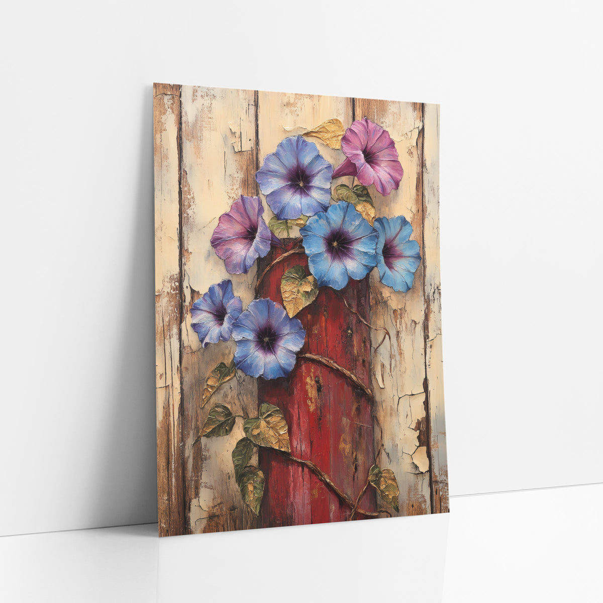 Morning Glory Plank Bouquet Painterly art print leaning against a white wall – blue and violet morning glories