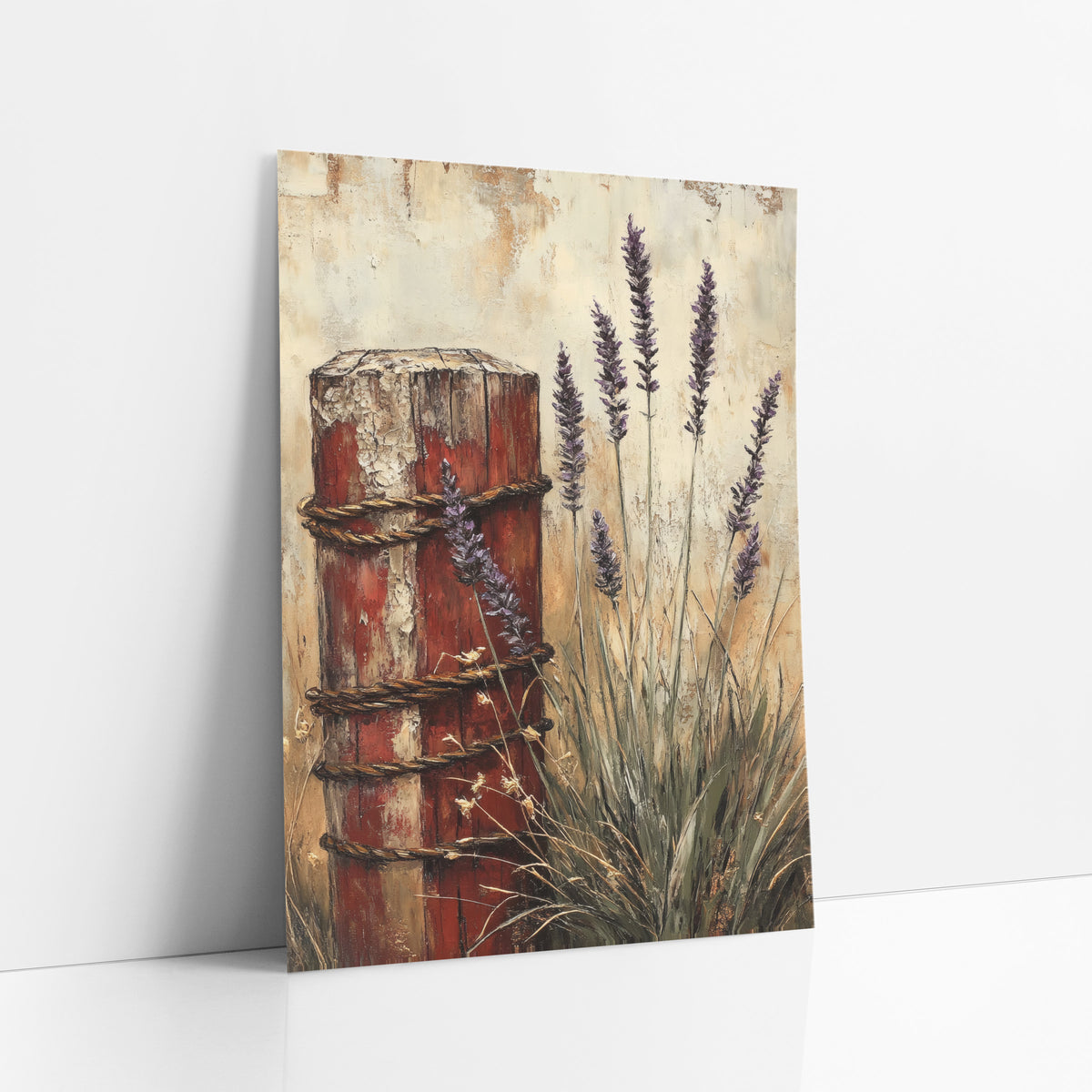 Rope Wrapped Post Lavender Rustic art print leaning against a white wall – purple lavender spikes beside a chipped red fence