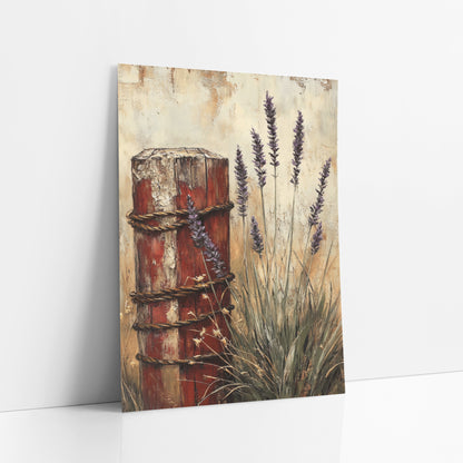 Rope Wrapped Post Lavender Rustic art print leaning against a white wall – purple lavender spikes beside a chipped red fence