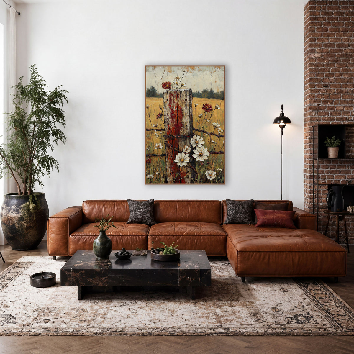 Red Fence Post Daisies Farmhouse wall art in a farmhouse-style room – weathered wooden fence post with chipped red