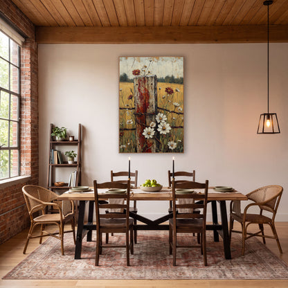 Red Fence Post Daisies Farmhouse wall art in a farmhouse-style room – weathered wooden fence post with chipped red
