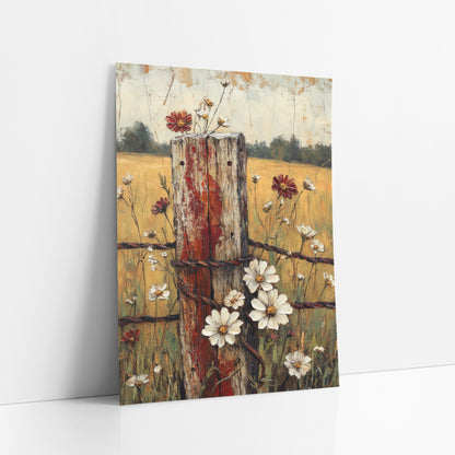 Red Fence Post Daisies Farmhouse art print leaning against a white wall – weathered wooden fence post with chipped red paint
