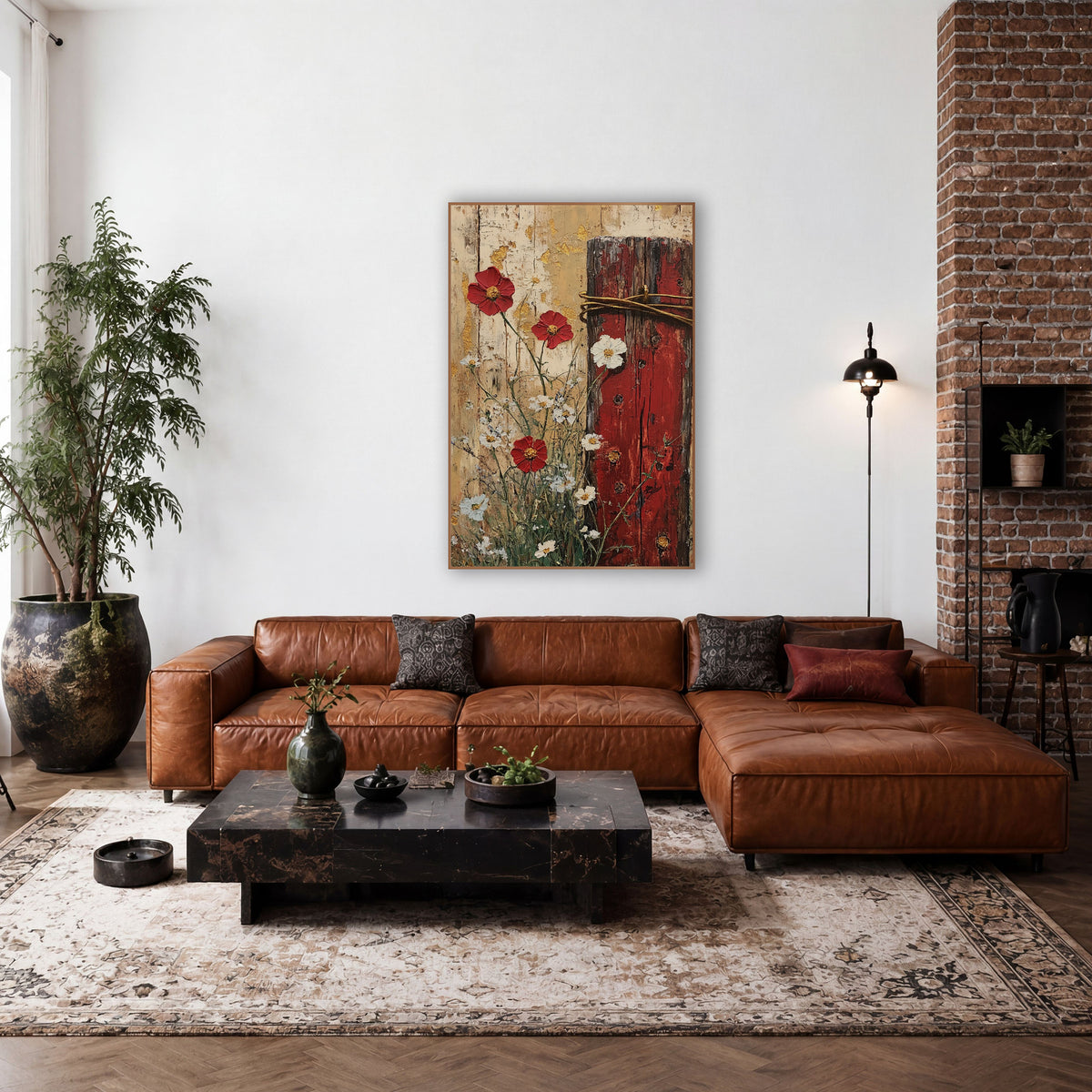 Red Fence Post Wildflowers Farmhouse wall art in a farmhouse-style room – weathered red fence post with golden wire