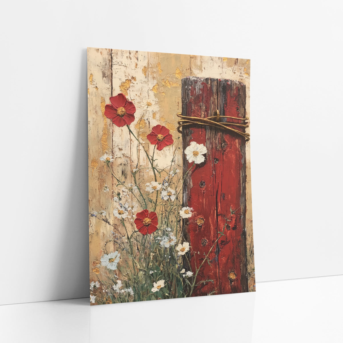 Red Fence Post Wildflowers Farmhouse art print leaning against a white wall – weathered red fence post with golden wire