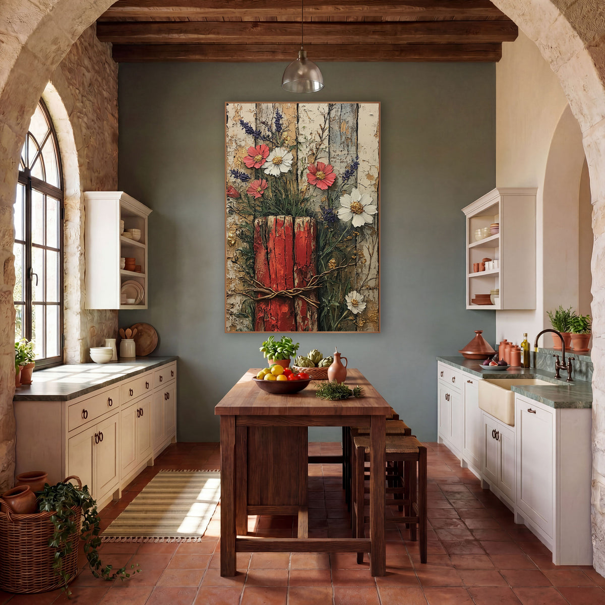 Peeling Plank Lavender Blossom Rustic wall art in a farmhouse-style room – chipped red fence post with coral and white