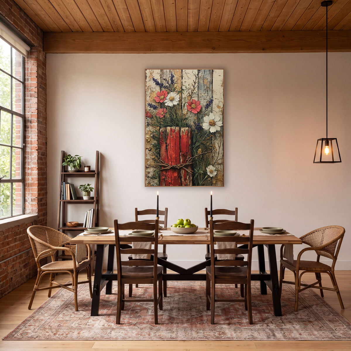 Peeling Plank Lavender Blossom Rustic wall art in a farmhouse-style room – chipped red fence post with coral and white