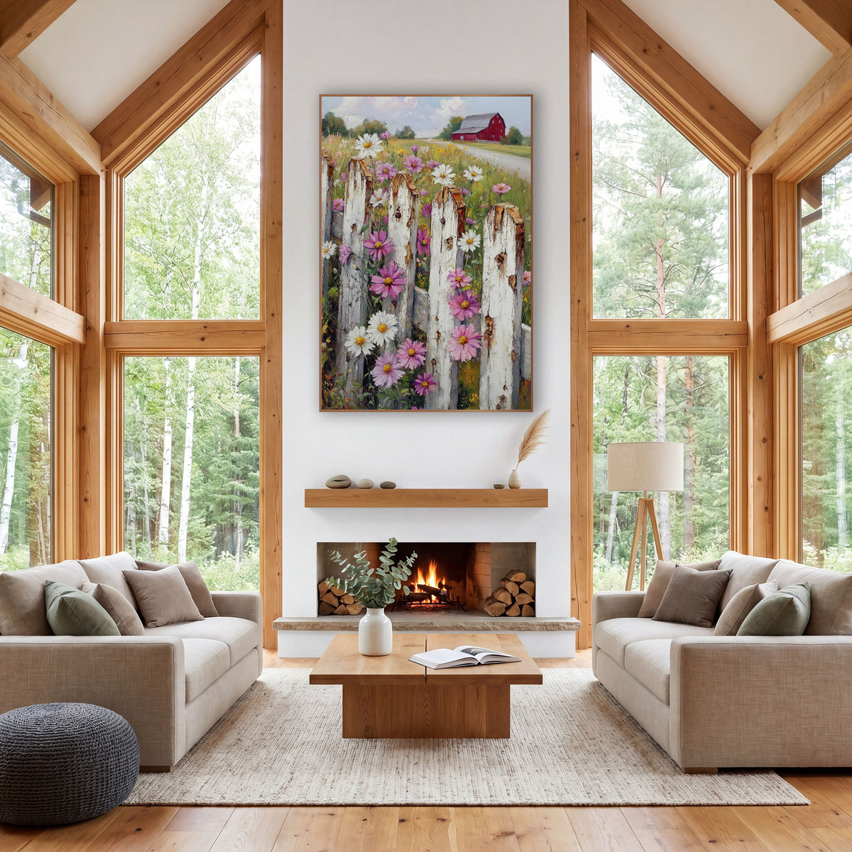 Wildflower Picket Fence Barn Farmhouse wall art in a farmhouse-style room – pink and white wildflowers