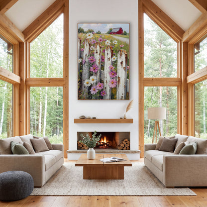 Wildflower Picket Fence Barn Farmhouse wall art in a farmhouse-style room – pink and white wildflowers