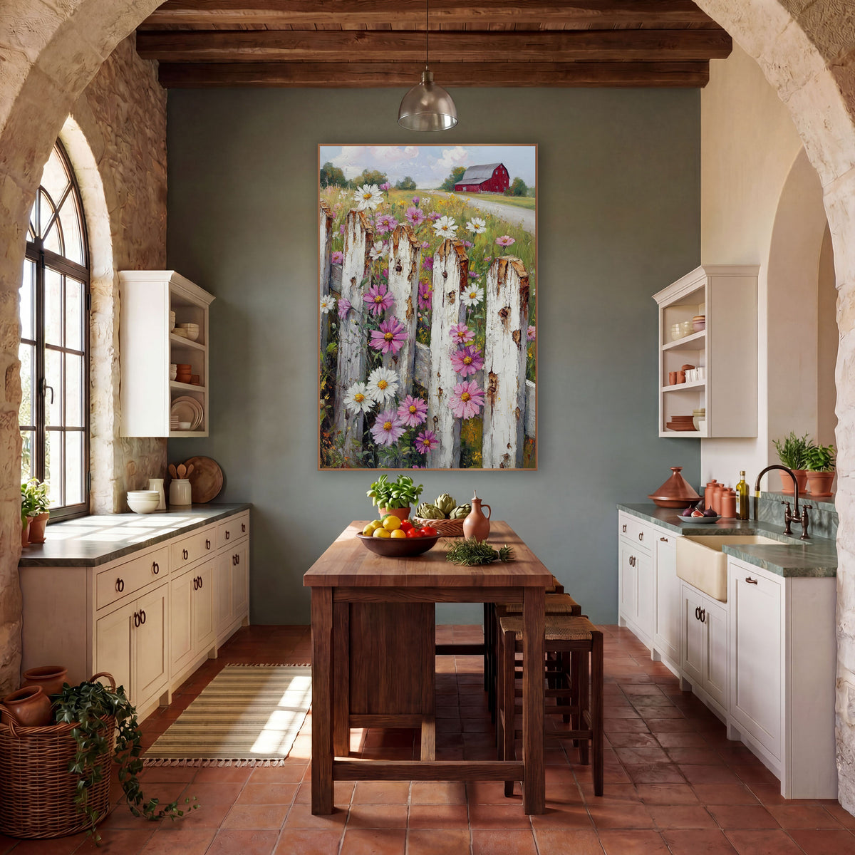 Wildflower Picket Fence Barn Farmhouse wall art in a farmhouse-style room – pink and white wildflowers