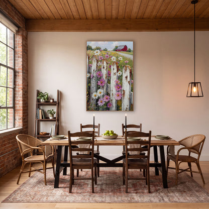 Wildflower Picket Fence Barn Farmhouse wall art in a farmhouse-style room – pink and white wildflowers