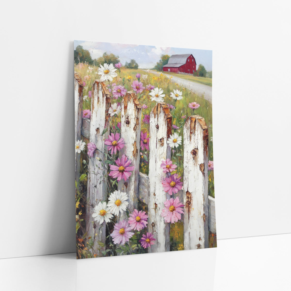 Wildflower Picket Fence Barn Farmhouse art print leaning against a white wall – pink and white wildflowers beside a peeling
