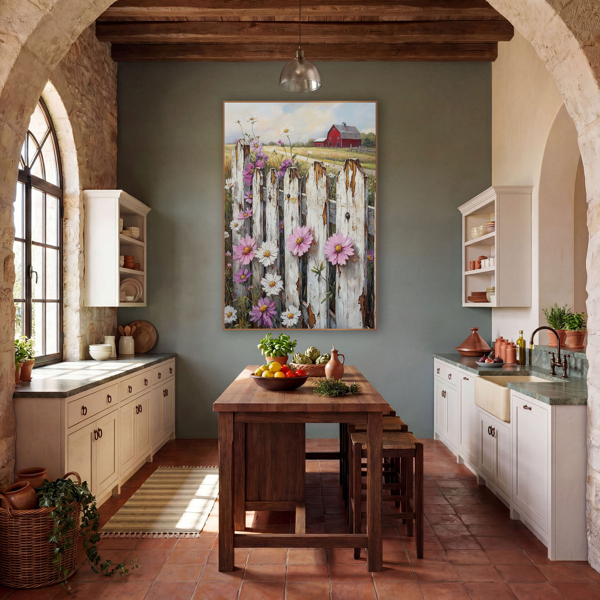 Purple Aster Fence Barn Farmhouse wall art in a farmhouse-style room – chipped white picket fence with pink and white