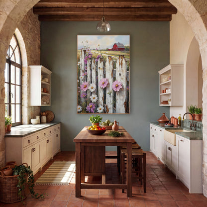 Purple Aster Fence Barn Farmhouse wall art in a farmhouse-style room – chipped white picket fence with pink and white