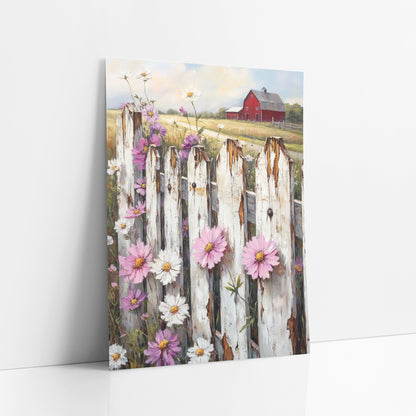 Purple Aster Fence Barn Farmhouse art print leaning against a white wall – chipped white picket fence with pink and white