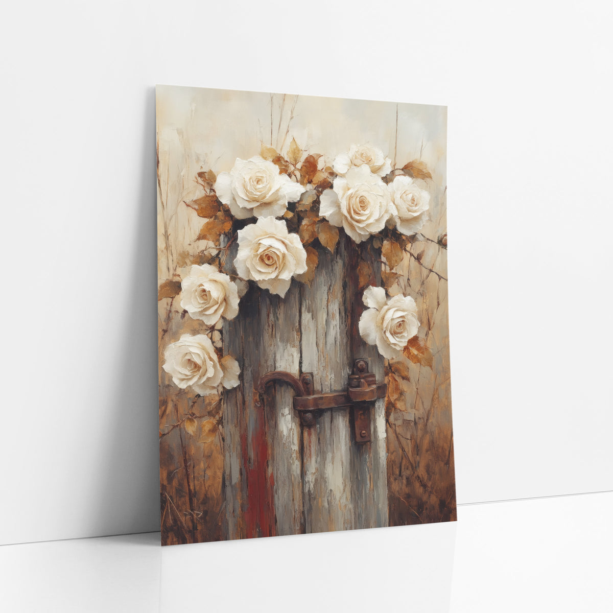 Cream Roses Rustic Gate Farmhouse art print leaning against a white wall – cream roses draped over a weathered wooden post