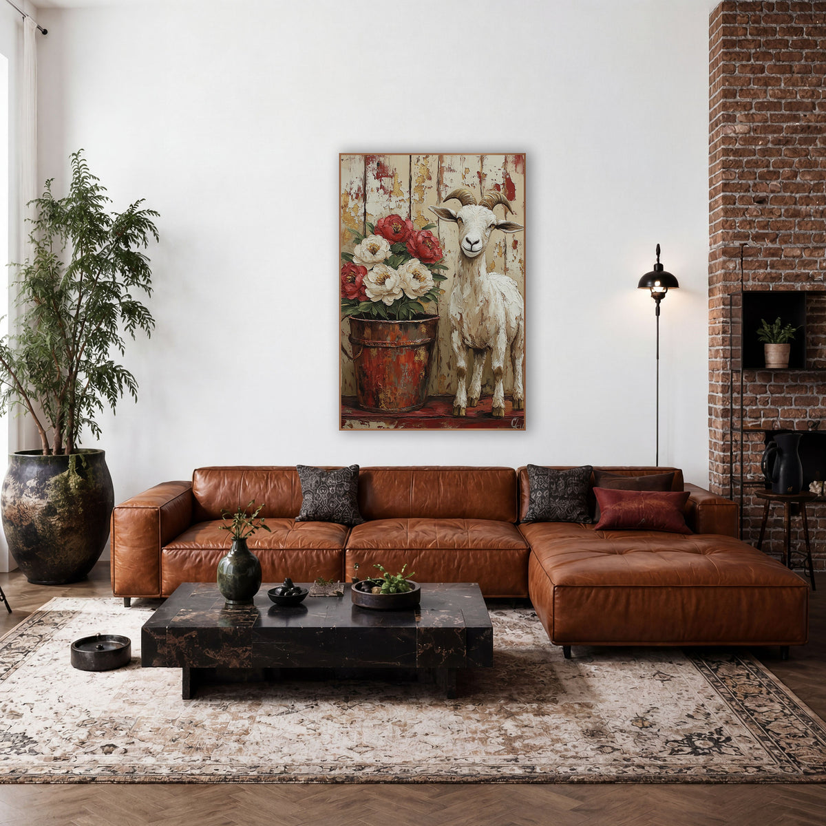 Red Peony Barnwood Goat Rustic wall art in a farmhouse-style room – white goat with curved horns beside a rusty red