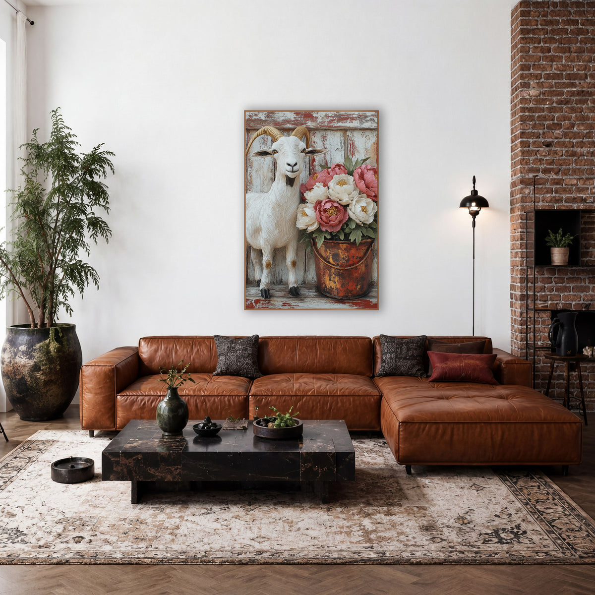 Sculpted Goat Blush Peonies Distressed wall art in a farmhouse-style room – white goat with golden horns