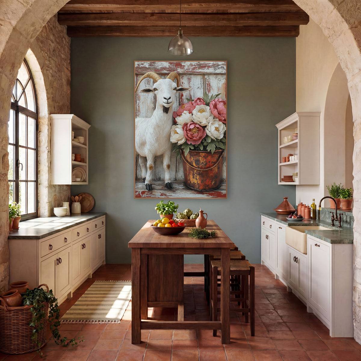 Sculpted Goat Blush Peonies Distressed wall art in a farmhouse-style room – white goat with golden horns