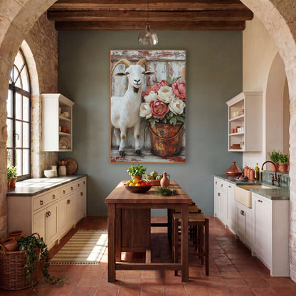 Sculpted Goat Blush Peonies Distressed wall art in a farmhouse-style room – white goat with golden horns
