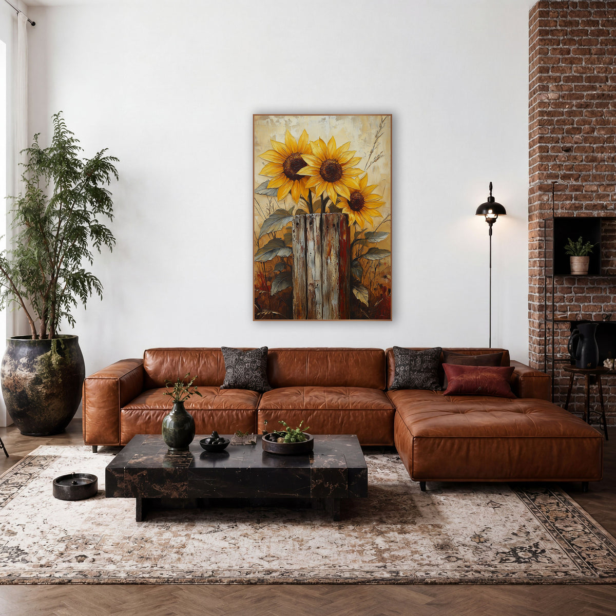 Golden Sunflowers Weathered Post Farmhouse wall art in a farmhouse-style room – three yellow sunflowers with dark