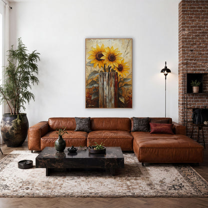 Golden Sunflowers Weathered Post Farmhouse wall art in a farmhouse-style room – three yellow sunflowers with dark