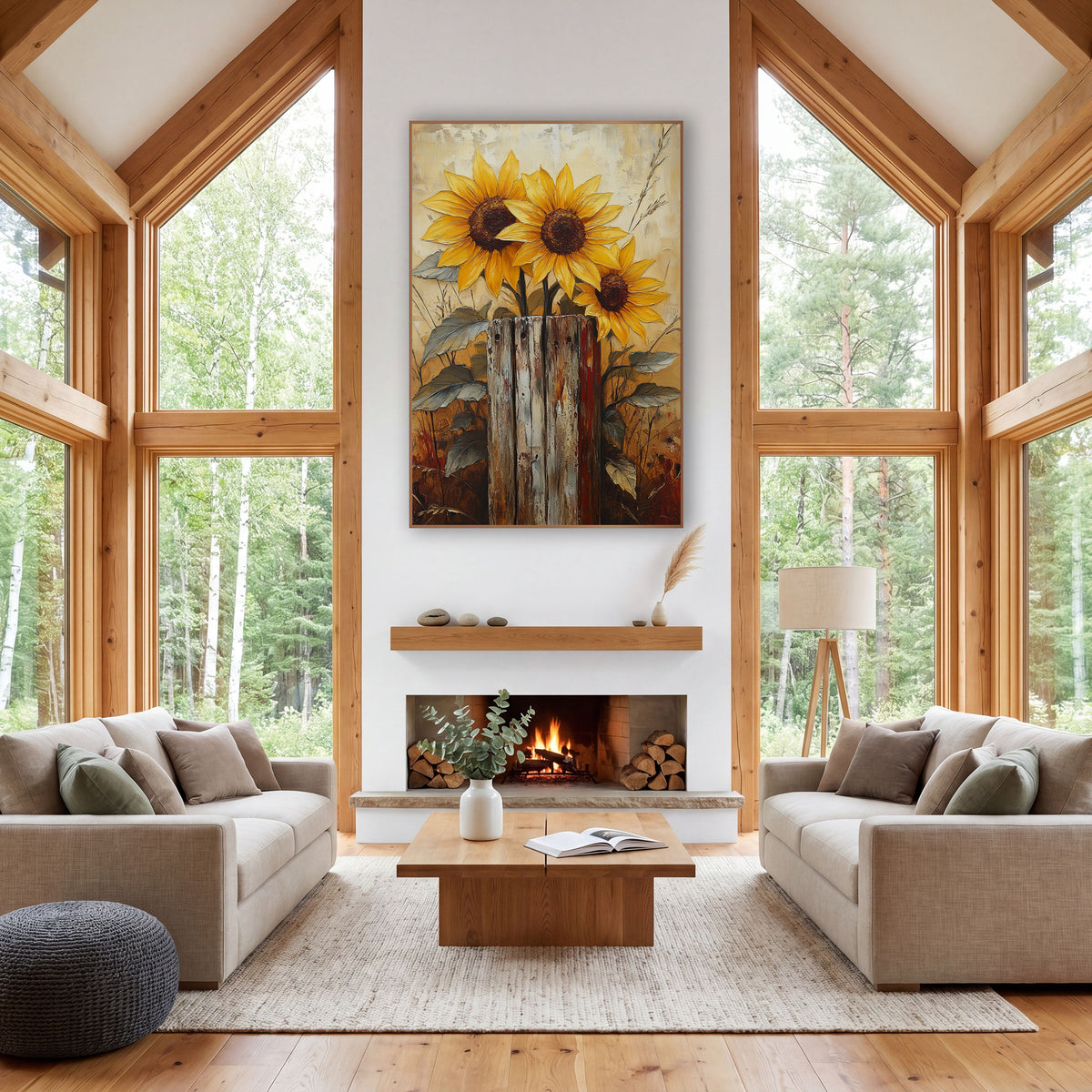 Golden Sunflowers Weathered Post Farmhouse wall art in a farmhouse-style room – three yellow sunflowers with dark