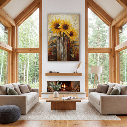 Golden Sunflowers Weathered Post Farmhouse wall art in a farmhouse-style room – three yellow sunflowers with dark