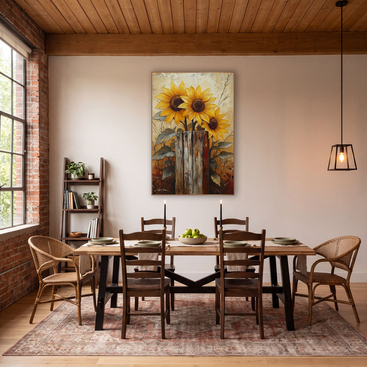 Golden Sunflowers Weathered Post Farmhouse wall art in a farmhouse-style room – three yellow sunflowers with dark