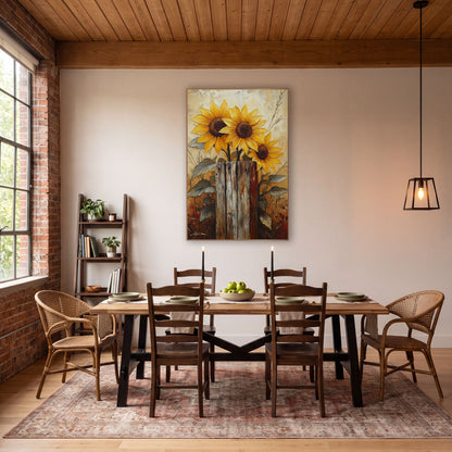 Golden Sunflowers Weathered Post Farmhouse wall art in a farmhouse-style room – three yellow sunflowers with dark