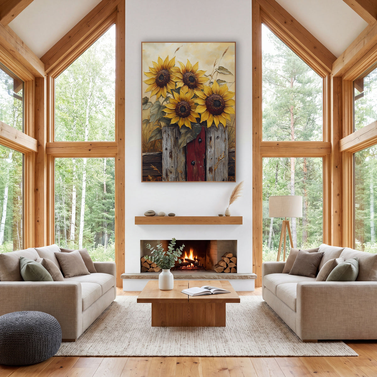Sunflower Trio Red Gate Farmhouse wall art in a farmhouse-style room – four yellow sunflowers with dark centers rising