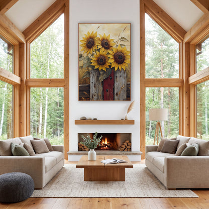 Sunflower Trio Red Gate Farmhouse wall art in a farmhouse-style room – four yellow sunflowers with dark centers rising