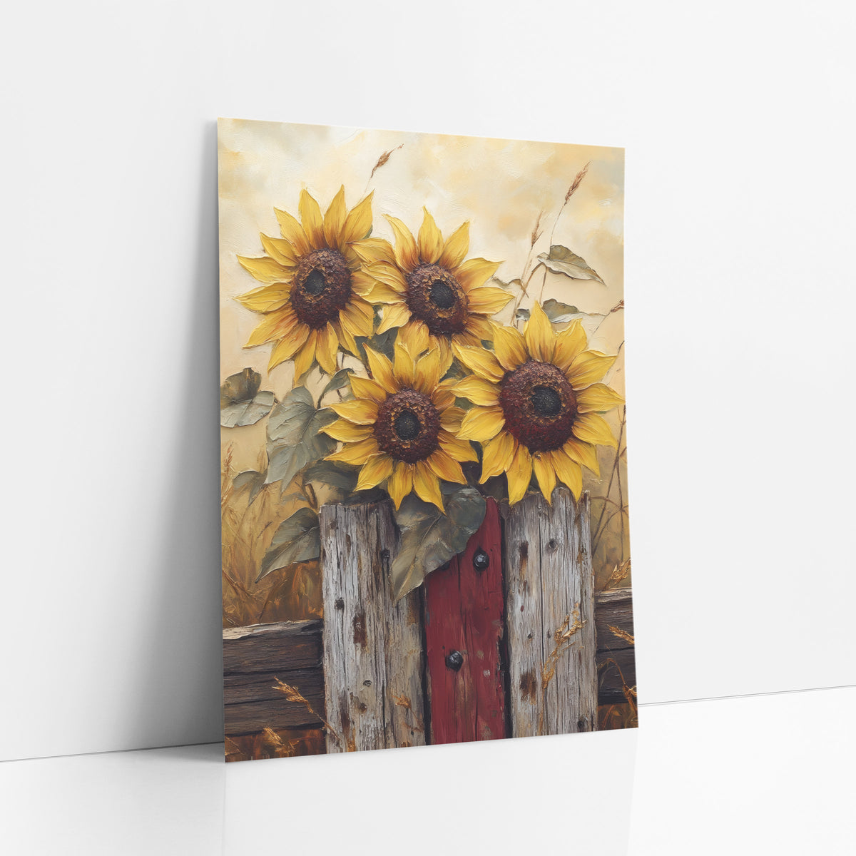 Sunflower Trio Red Gate Farmhouse art print leaning against a white wall – four yellow sunflowers with dark centers rising