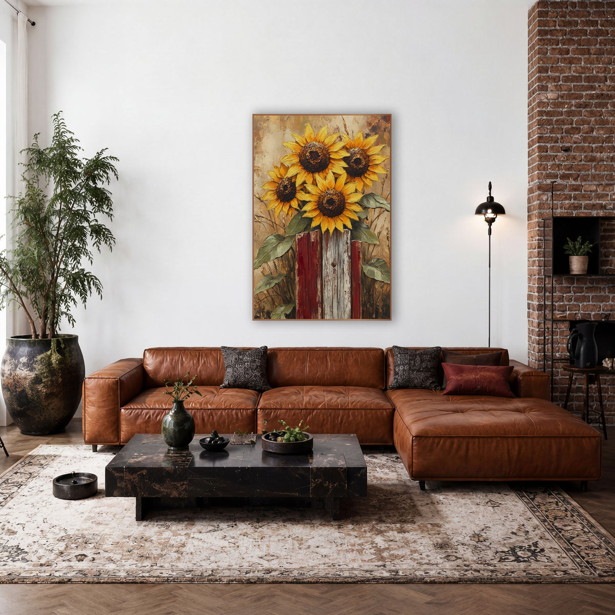 Sunflower Cluster Red Posts Rustic wall art in a farmhouse-style room – four yellow sunflowers with dark centers