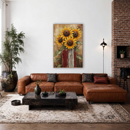 Sunflower Cluster Red Posts Rustic wall art in a farmhouse-style room – four yellow sunflowers with dark centers